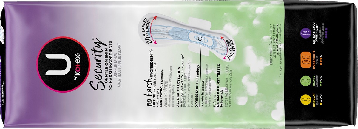 slide 7 of 9, U by Kotex Clean & Secure Overnight Maxi Pads with Wings, Extra Heavy Absorbency, 12 Count, 12 ct