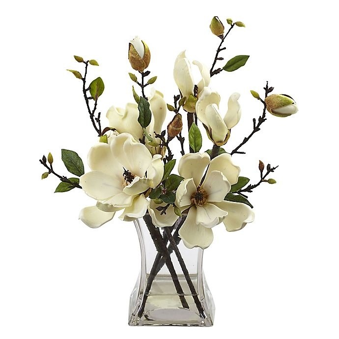 slide 1 of 1, Nearly Natural Artificial Magnolia Arrangement - White with Vase, 15 in