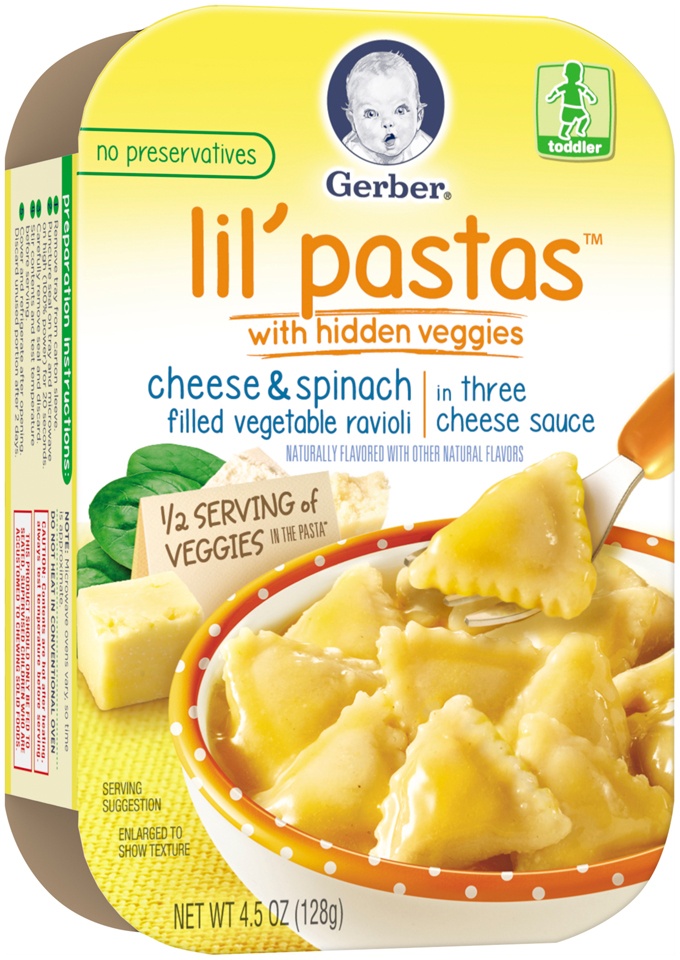 slide 1 of 4, Gerber Lil' Pastas with Hidden Veggies, Cheese and Spinach Filled Vegetable Ravioli in Three Cheese Sauce, 4.5 oz