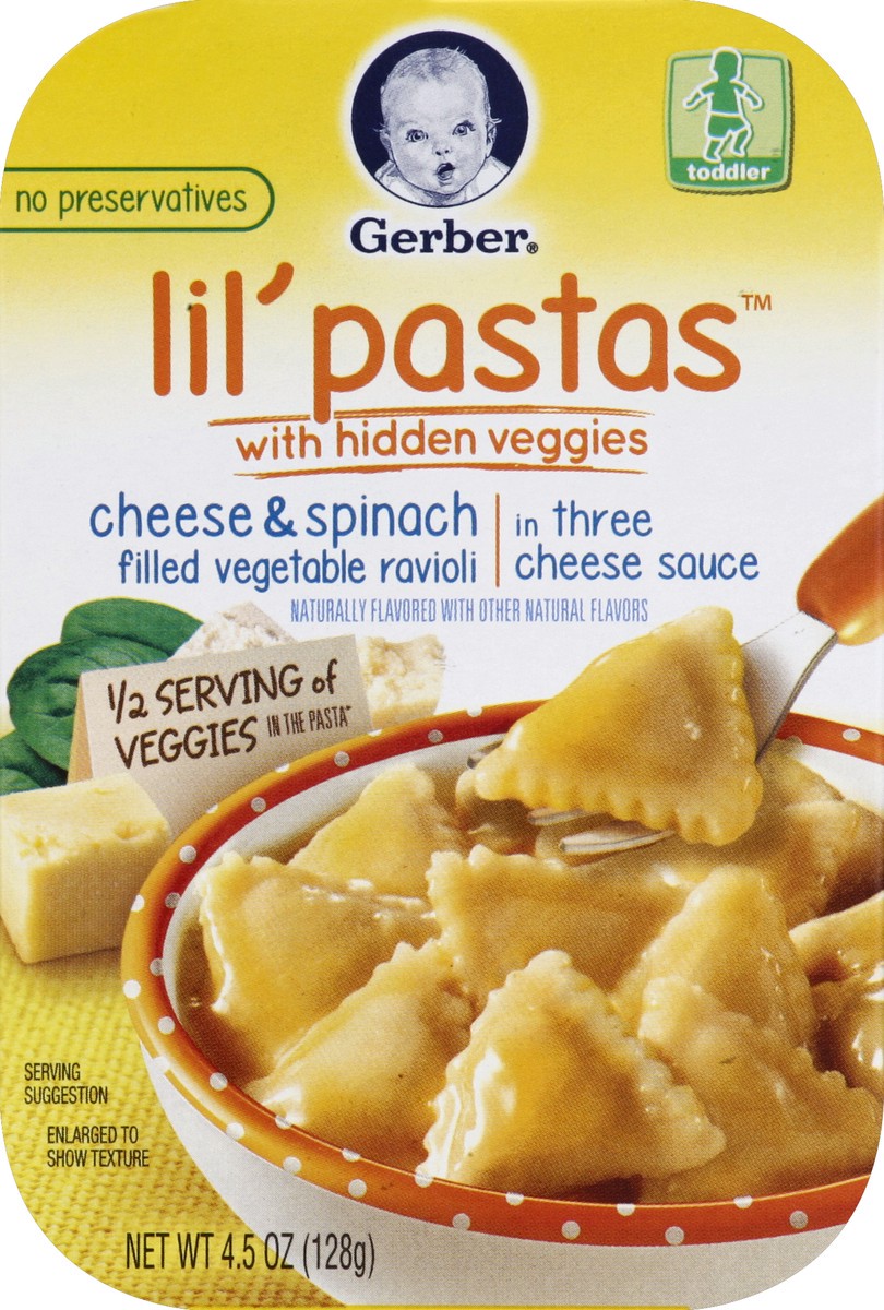 slide 4 of 4, Gerber Lil' Pastas with Hidden Veggies, Cheese and Spinach Filled Vegetable Ravioli in Three Cheese Sauce, 4.5 oz