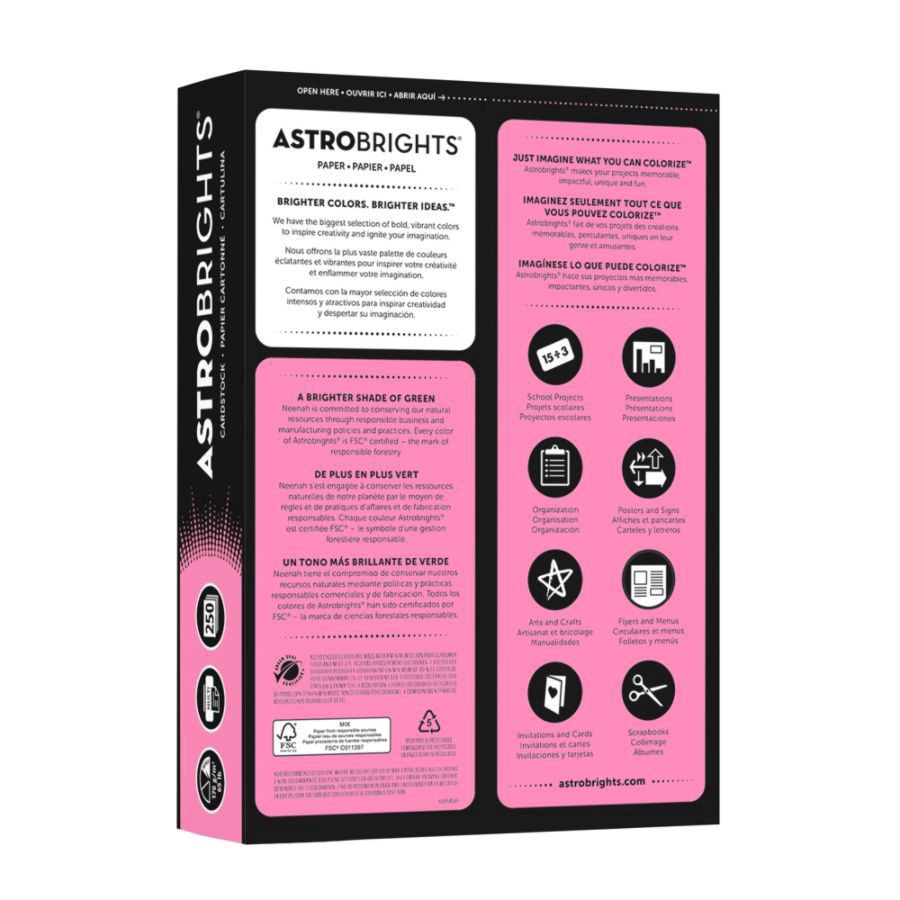 slide 4 of 5, ASTROBRIGHTS Color Card Stock, FSC Certified, 65 lb, Pulsar Pink, 250 ct; 8 1/2 in x 11 in