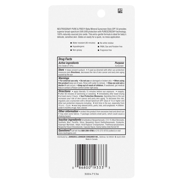 slide 9 of 21, Neutrogena Pure & Free Baby Mineral Sunscreen Stick with Broad Spectrum SPF 50 & Zinc Oxide, Water-Resistant, Hypoallergenic, Paraben-, Dye- & PABA-Free Baby Face & Body Sunscreen, 0.47 oz