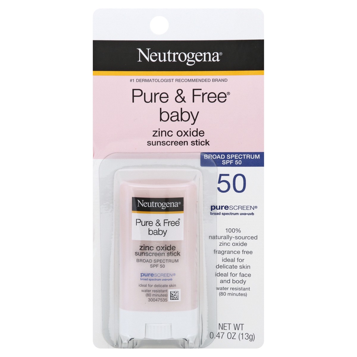 slide 1 of 21, Neutrogena Pure & Free Baby Mineral Sunscreen Stick with Broad Spectrum SPF 50 & Zinc Oxide, Water-Resistant, Hypoallergenic, Paraben-, Dye- & PABA-Free Baby Face & Body Sunscreen, 0.47 oz