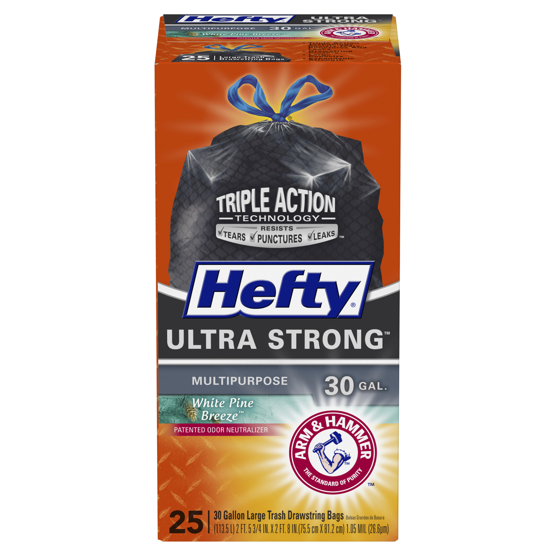 slide 1 of 1, Hefty Ultra Strong Large Multipurpose Drawstring Trash Bags, White Pine Breeze, 28 ct; 30 gal