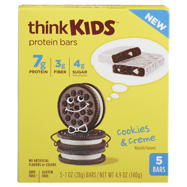 slide 1 of 1, thinkThin Thinkkids Cookies & Cream Protein Bars -5 - 1 Oz Bars, 4.9 oz