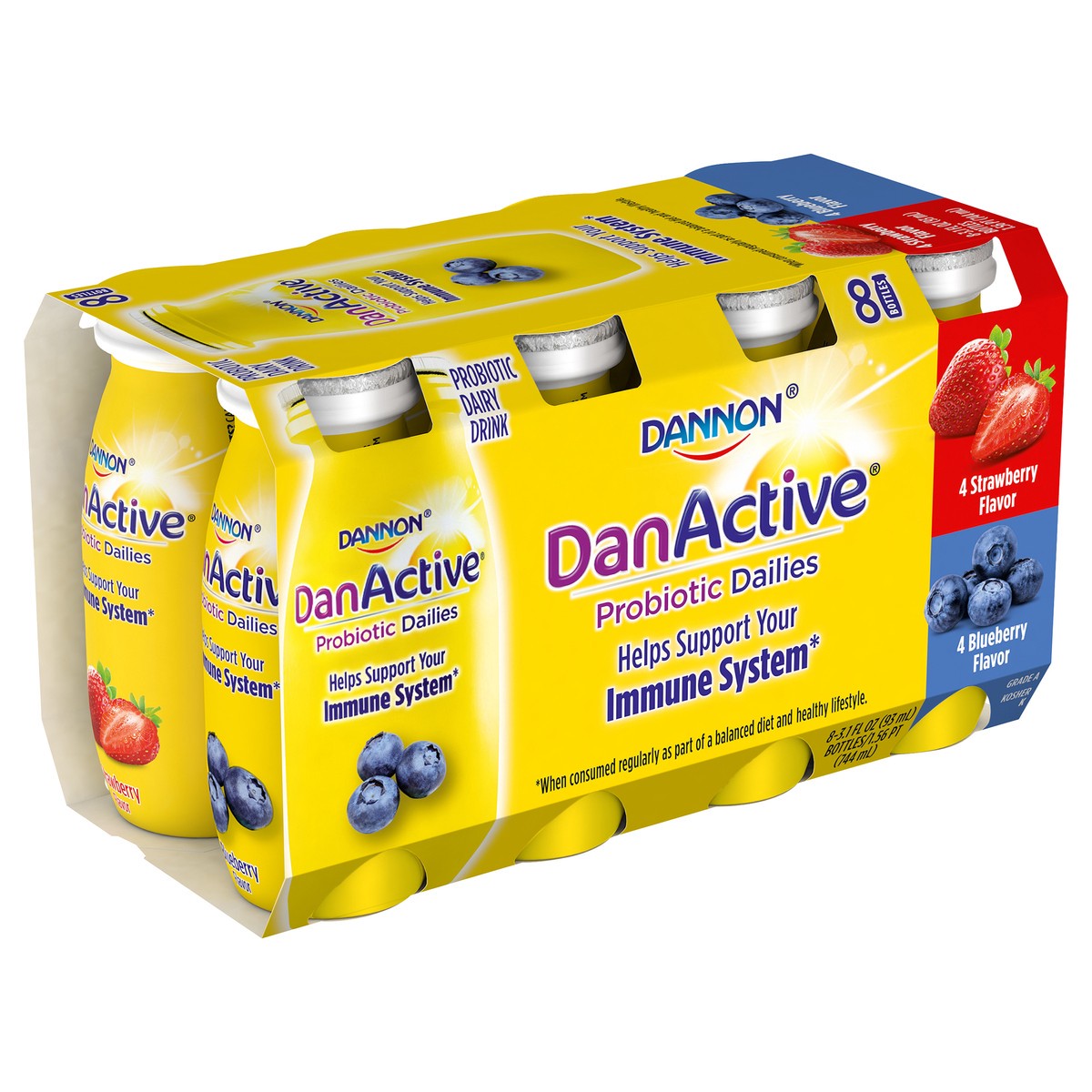 slide 6 of 9, Dannon DanActive Probiotic Dailies Blueberry & Strawberry Dairy Drink, Variety Pack, 3.1 Oz., 8 Count, 8 ct