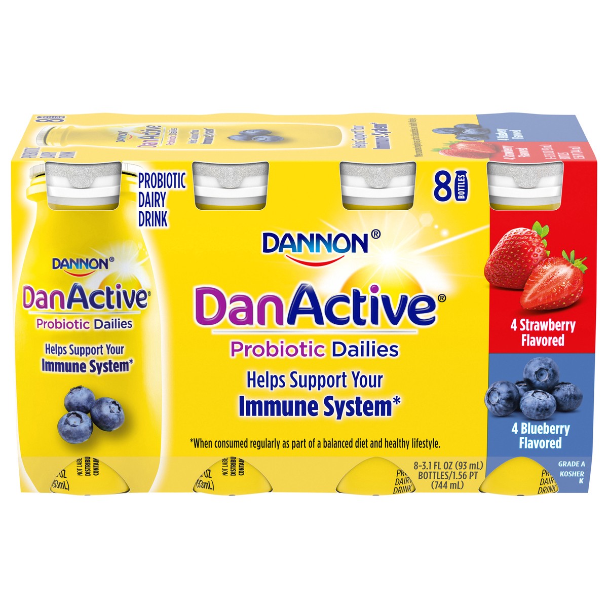 slide 1 of 9, Dannon DanActive Probiotic Dailies Blueberry & Strawberry Dairy Drink, Variety Pack, 3.1 Oz., 8 Count, 8 ct
