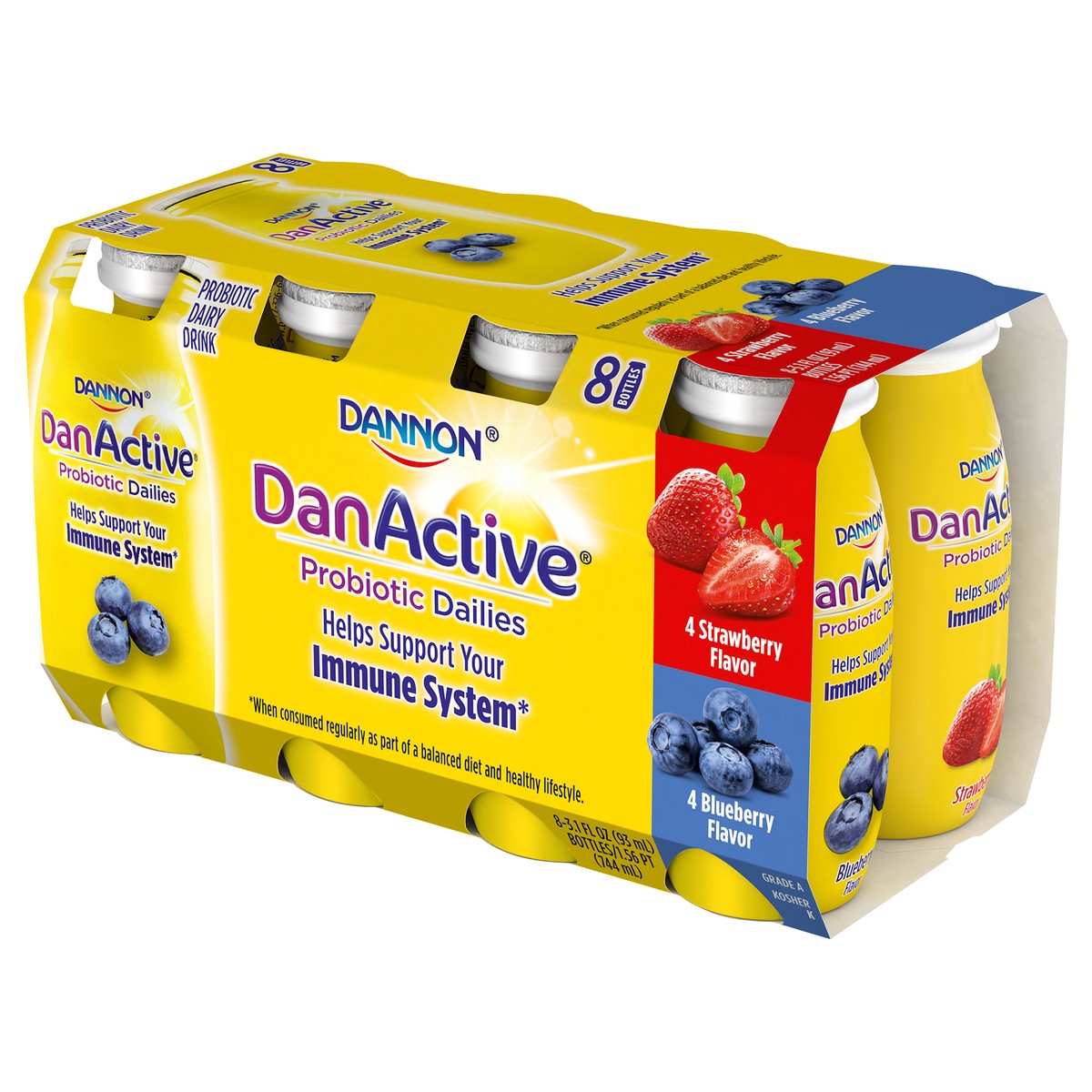 slide 9 of 9, Dannon DanActive Probiotic Dailies Blueberry & Strawberry Dairy Drink, Variety Pack, 3.1 Oz., 8 Count, 8 ct