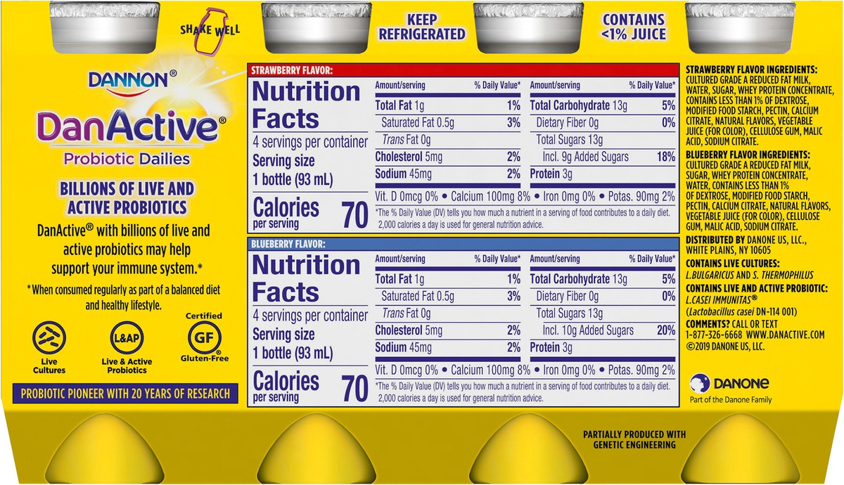 slide 5 of 9, Dannon DanActive Probiotic Dailies Blueberry & Strawberry Dairy Drink, Variety Pack, 3.1 Oz., 8 Count, 8 ct
