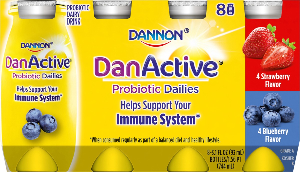 slide 3 of 9, Dannon DanActive Probiotic Dailies Blueberry & Strawberry Dairy Drink, Variety Pack, 3.1 Oz., 8 Count, 8 ct