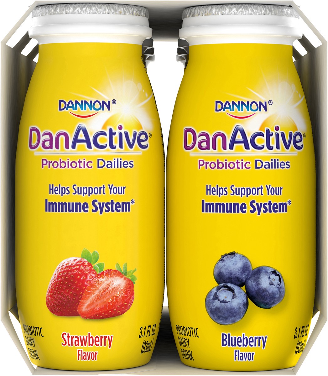 slide 7 of 9, Dannon DanActive Probiotic Dailies Blueberry & Strawberry Dairy Drink, Variety Pack, 3.1 Oz., 8 Count, 8 ct