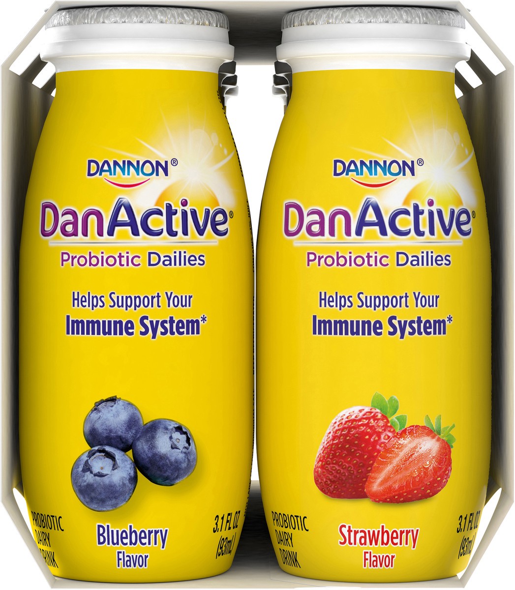 slide 4 of 9, Dannon DanActive Probiotic Dailies Blueberry & Strawberry Dairy Drink, Variety Pack, 3.1 Oz., 8 Count, 8 ct