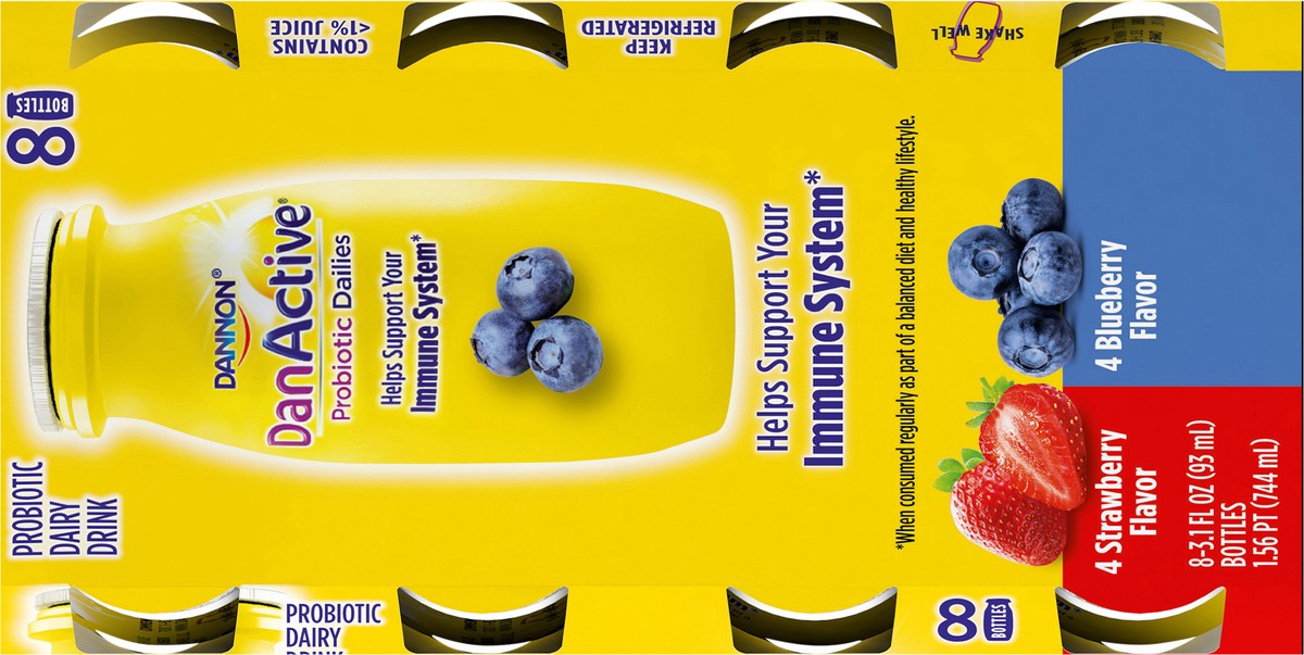slide 2 of 9, Dannon DanActive Probiotic Dailies Blueberry & Strawberry Dairy Drink, Variety Pack, 3.1 Oz., 8 Count, 8 ct