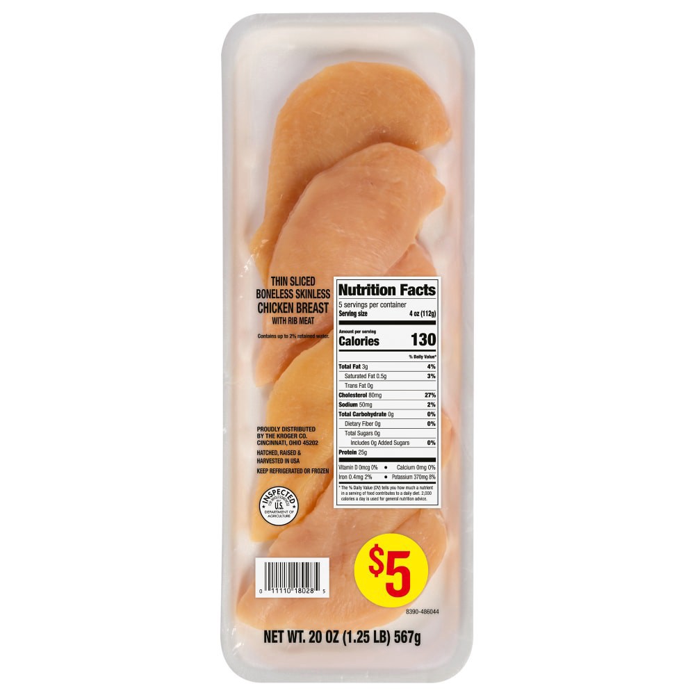 slide 1 of 1, Kroger Thin Sliced Boneless Skinless Chicken Breast with Rib Meat, 1.25 lb