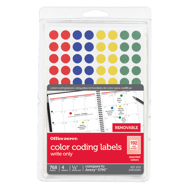 slide 1 of 2, Office Depot Brand Removable Round Color-Coding Labels, Od98803, 1/4'' Diameter, Multicolor Dots, Pack Of 768, 768 ct