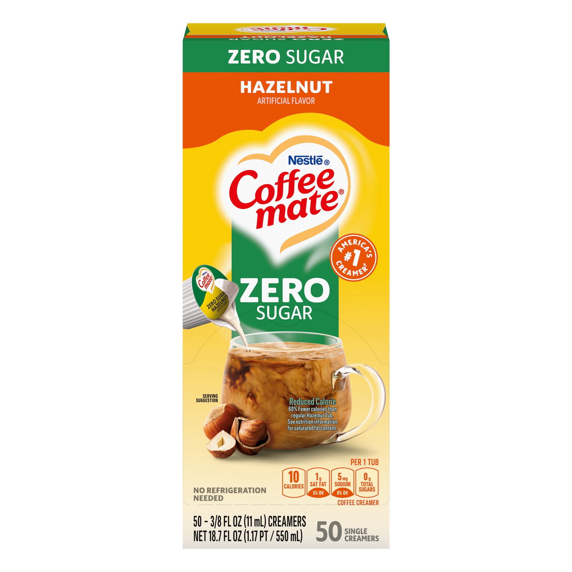 slide 1 of 10, NESTLE COFFEE MATE Coffee Creamer Zero Sugar Hazelnut Flavor, Liquid Creamer Singles, 0.375 fl oz, Carton of 50, 18.70 fl oz