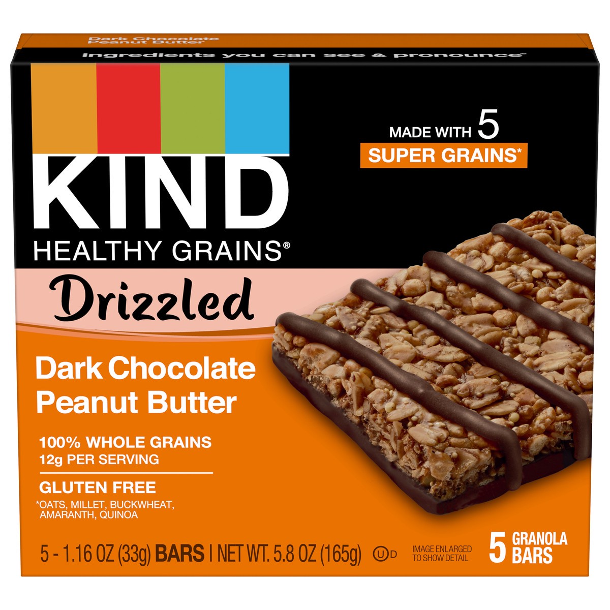 slide 1 of 6, KIND HEALTHY GRAINS Drizzled Dark Chocolate Peanut Butter, Healthy Snack Bar, 12g Whole Grains, Gluten Free Bars, 1.16 OZ Bars (5 Count), 1 ct