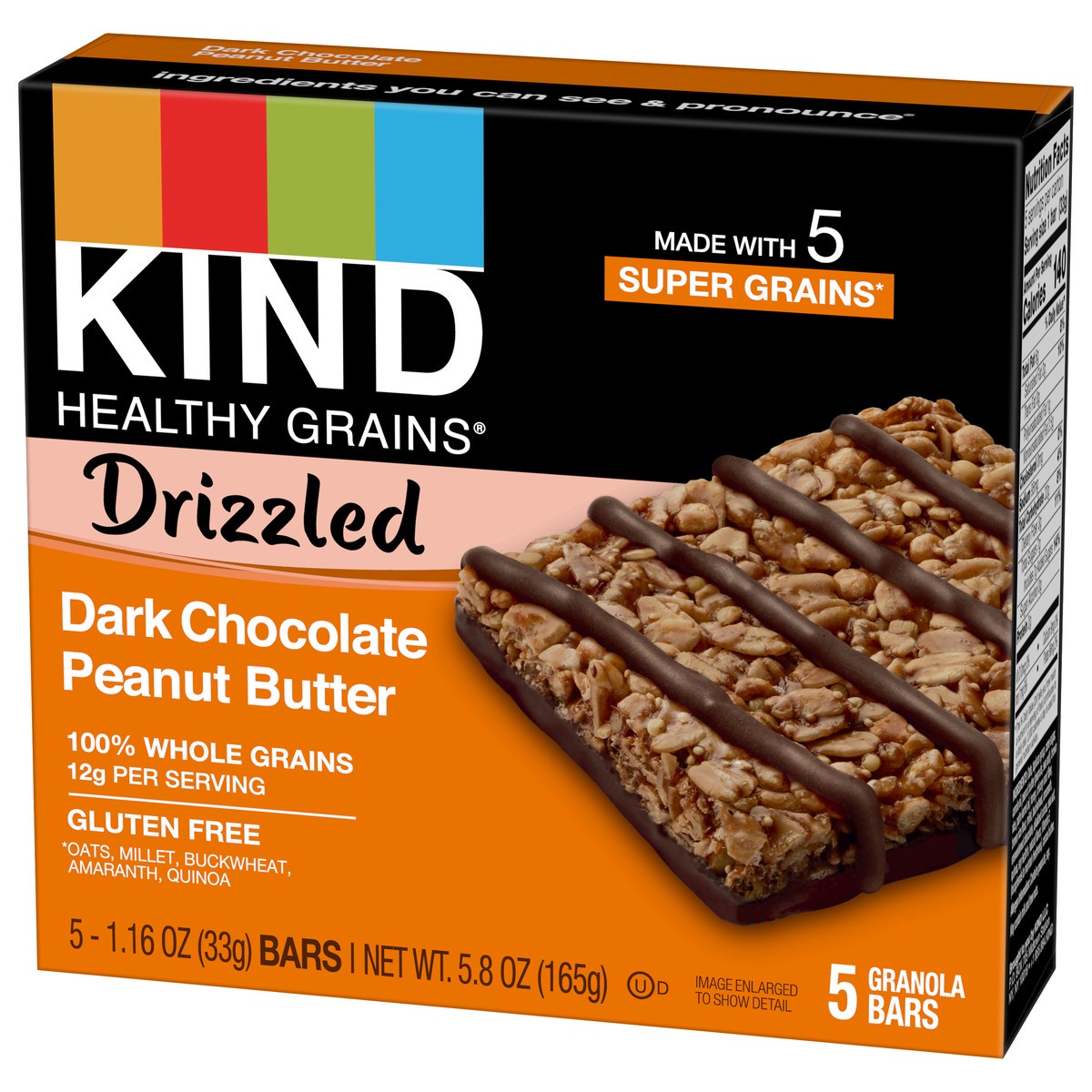 slide 3 of 6, KIND HEALTHY GRAINS Drizzled Dark Chocolate Peanut Butter, Healthy Snack Bar, 12g Whole Grains, Gluten Free Bars, 1.16 OZ Bars (5 Count), 1 ct