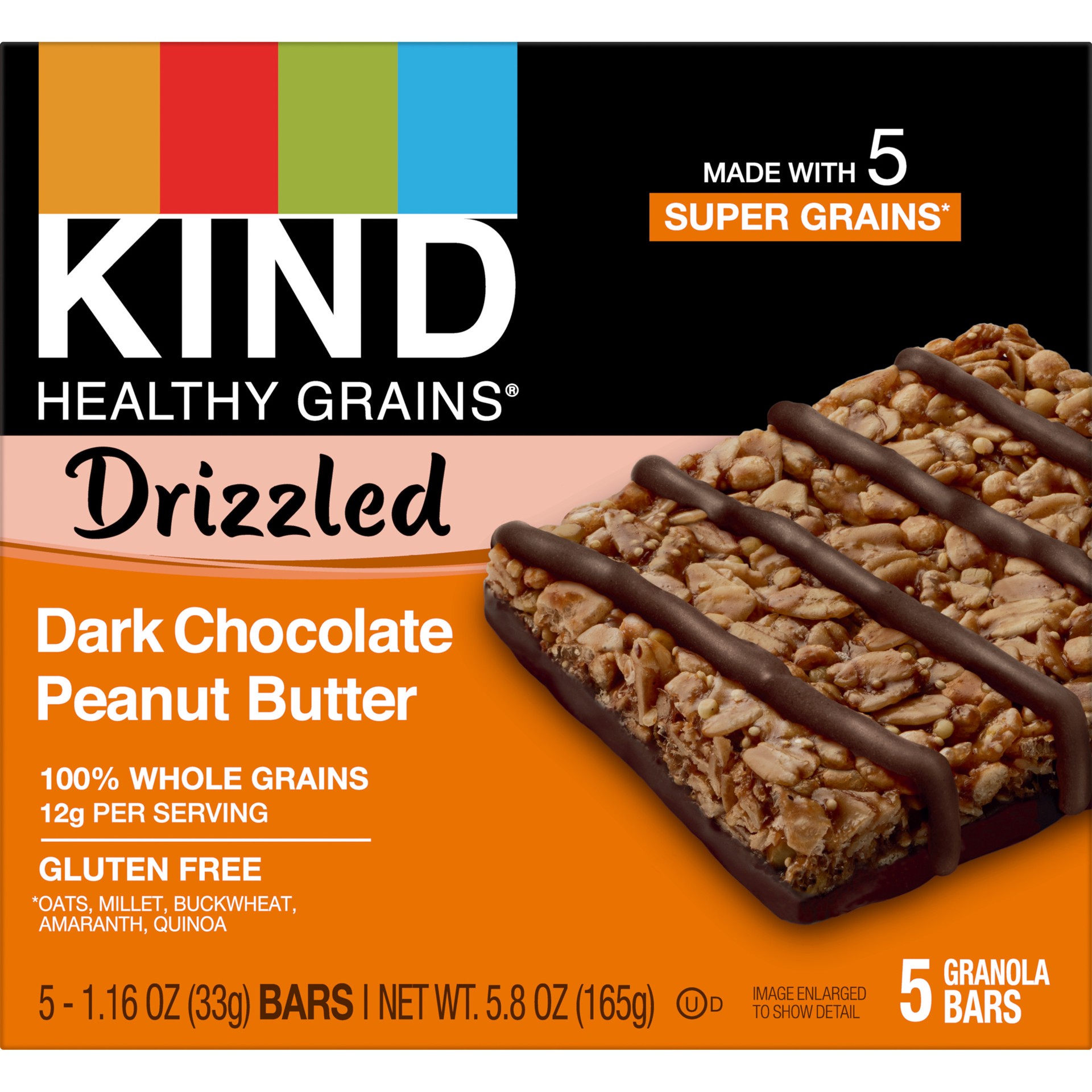 slide 1 of 6, KIND Healthy Grains Bars, Drizzled Dark Chocolate Peanut Butter, 1.16 oz, 5 Count, 1 ct