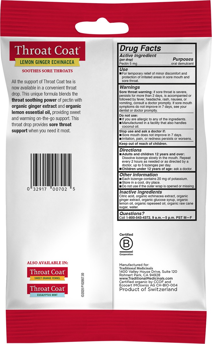 slide 3 of 3, Traditional Medicinals Organic Throat Coat Lemon Ginger Echinacea Lozenges, 16 ct