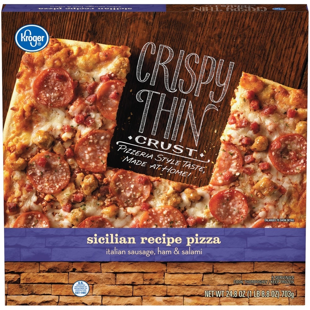 slide 1 of 1, Kroger Crispy Thin Crust Sicilian Recipe Pizza, 24.8 oz