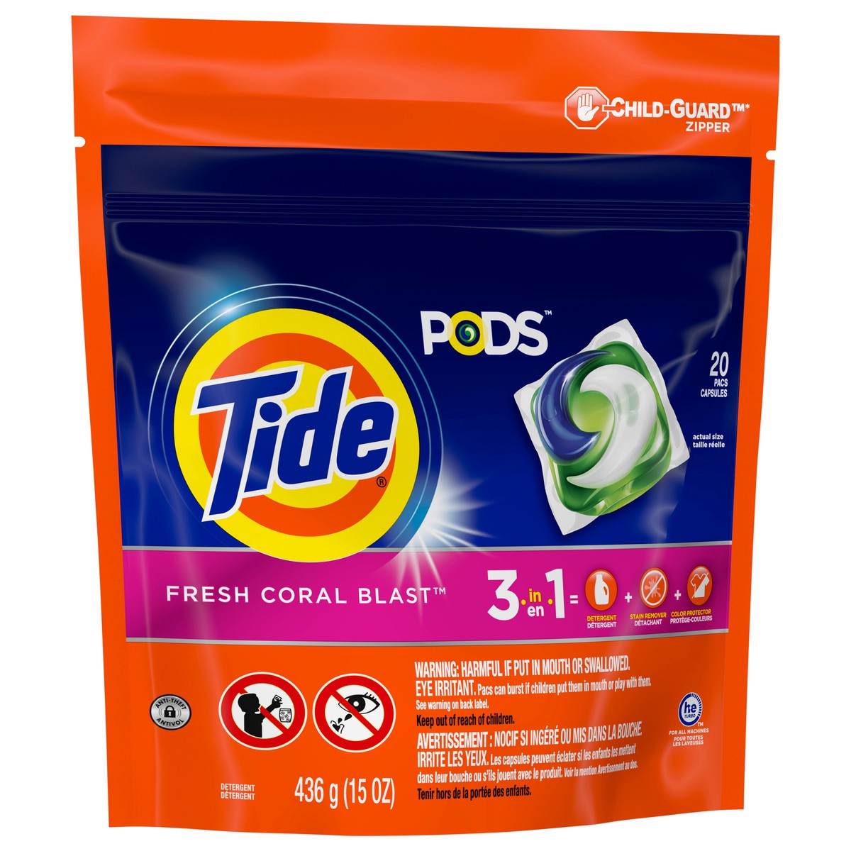 slide 2 of 4, Tide PODS Liquid Laundry Detergent Soap Pacs, HE Compatible, 20 Count, Powerful 3-in-1 Clean in one Step, Fresh Coral Blast Scent, 20 ct