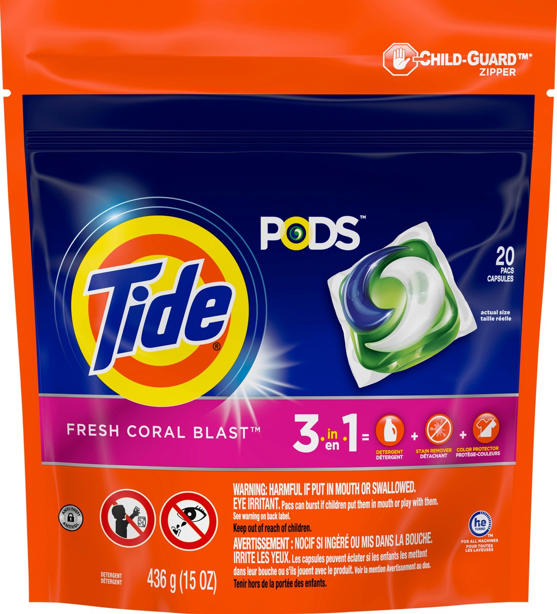 slide 4 of 4, Tide PODS Liquid Laundry Detergent Soap Pacs, HE Compatible, 20 Count, Powerful 3-in-1 Clean in one Step, Fresh Coral Blast Scent, 20 ct