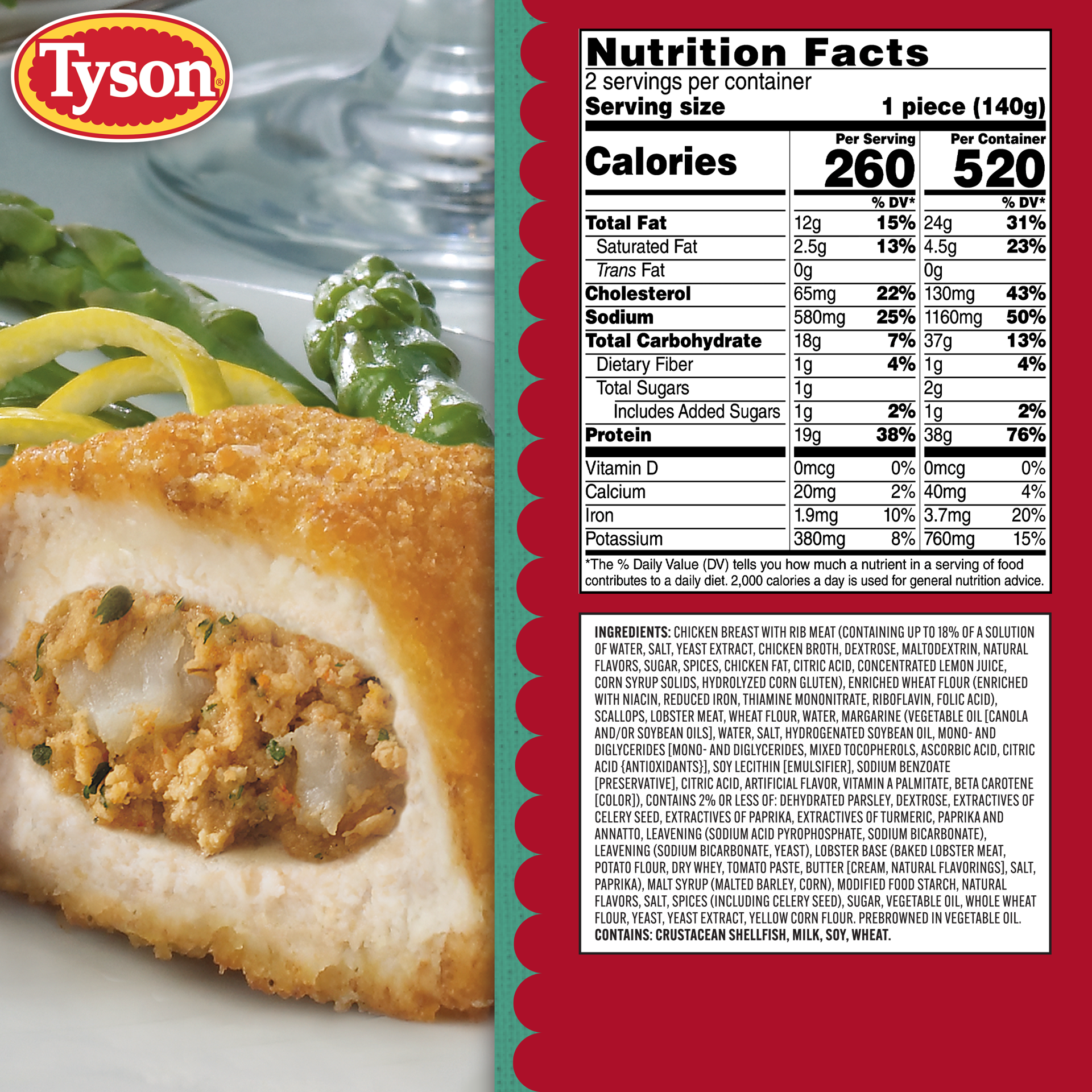 slide 5 of 10, Tyson Frozen Stuffed Chicken Breasts Scallop Lobster, 2 Count, 2 ct