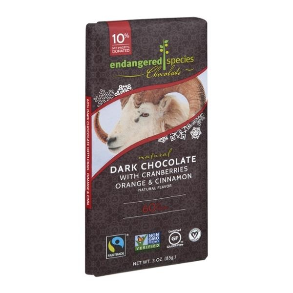 slide 1 of 1, Endangered Species Dark Chocolate, with Cranberries Orange & Cinnamon, 60% Cocoa, 3 oz