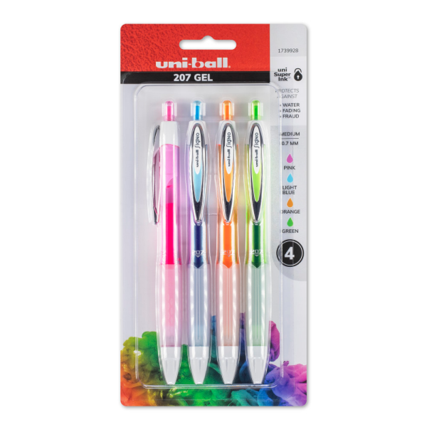 slide 1 of 8, Uni-Ball 207 Plus+ Retractable Gel Pens, Medium Point, 0.7 Mm, Black Barrel, Black/Blue/Red Ink, Pack Of 4 Pens, 4 ct