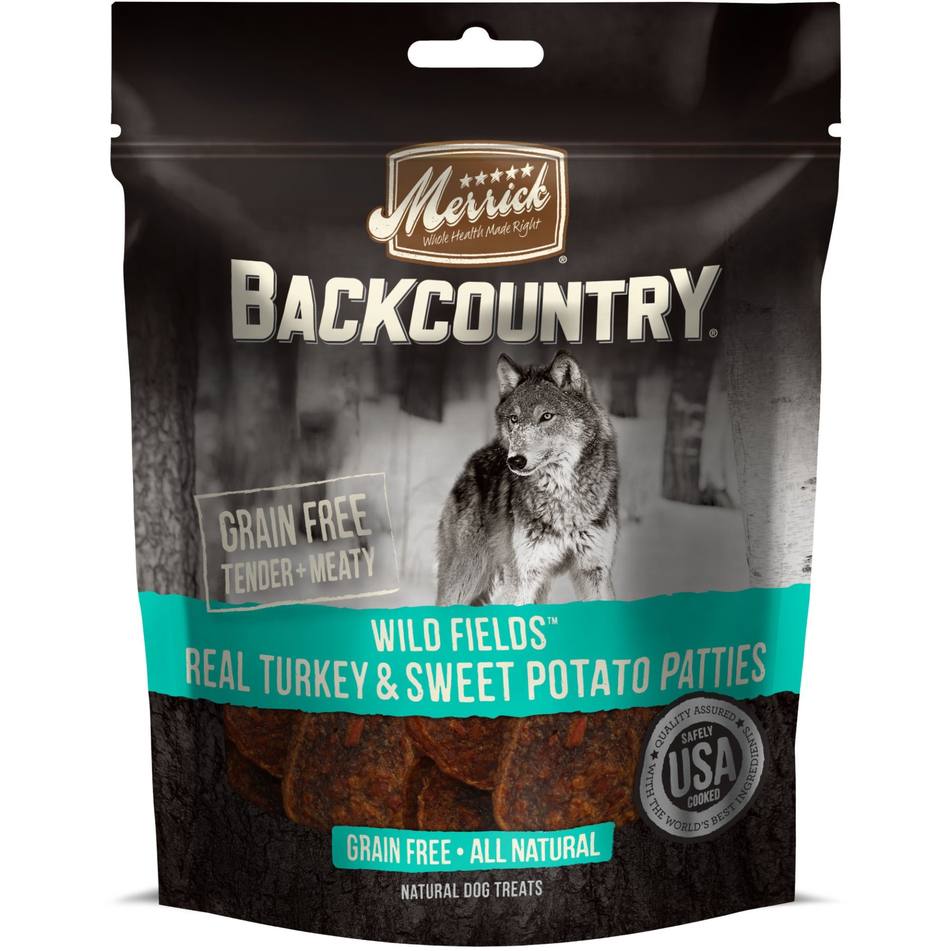 slide 1 of 1, Merrick Backcountry Wild Prairie Real Turkey & Sweet Potato Patties Grain Free Dog Treats, 4 oz