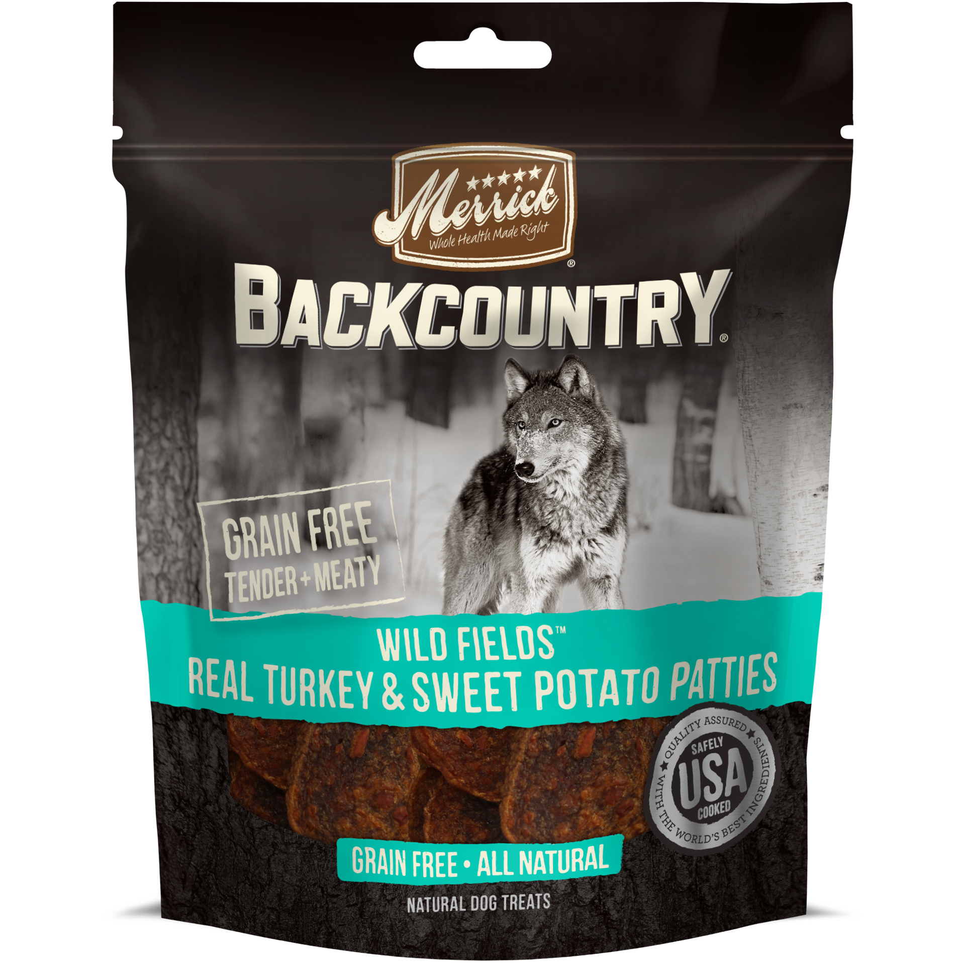 slide 1 of 2, Merrick Backcountry Wild Fields Turkey + Sweet Potato Patties Dog Treats - 4 oz Pouch, 4 oz