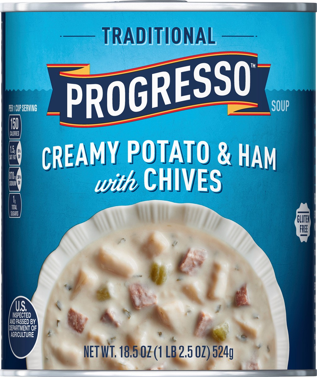 slide 7 of 13, Progresso Traditional Creamy Potato and Ham with Chives Soup, 18.5oz Can, 18.5 oz