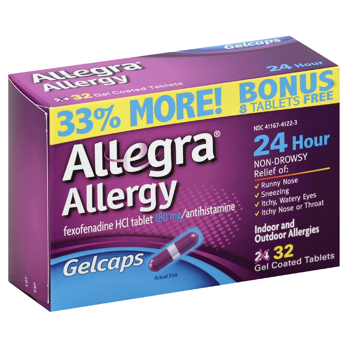 slide 1 of 1, Allegra Non-Drowsy 24-Hour Indoor & Outdoor Allergy Relief Gelcaps Bonus Pack, 32 ct