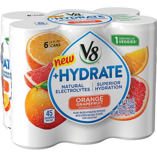 slide 2 of 8, V8 +Hydrate Plant-Based Hydrating Orange Grapefruit Beverage, 6 ct; 8 fl oz