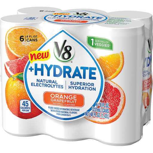 slide 5 of 8, V8 +Hydrate Plant-Based Hydrating Orange Grapefruit Beverage, 6 ct; 8 fl oz
