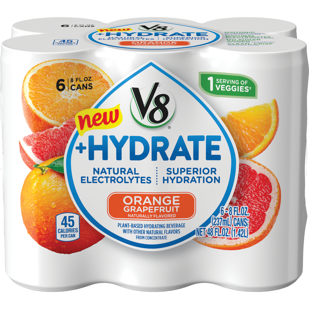 slide 1 of 8, V8 +Hydrate Plant-Based Hydrating Orange Grapefruit Beverage, 6 ct; 8 fl oz