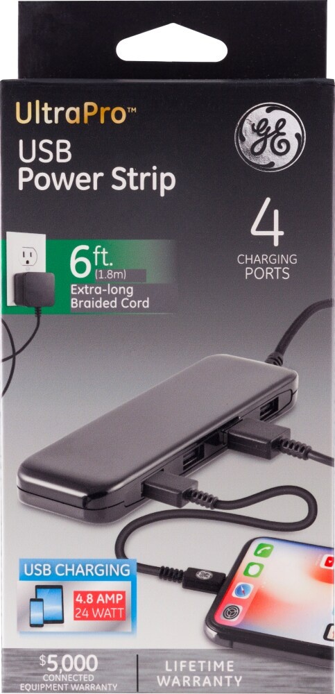 slide 1 of 1, Ge Ultrapro Usb Power Strip - Black, 6 ft