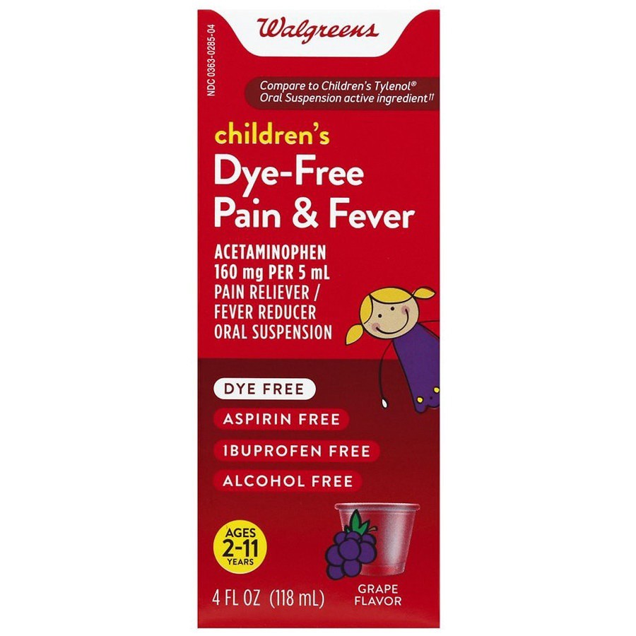 slide 1 of 5, (Max 3) Walgreens Children's Dye-Free Pain & Fever Grape Flavor Liquid, 4 fl oz