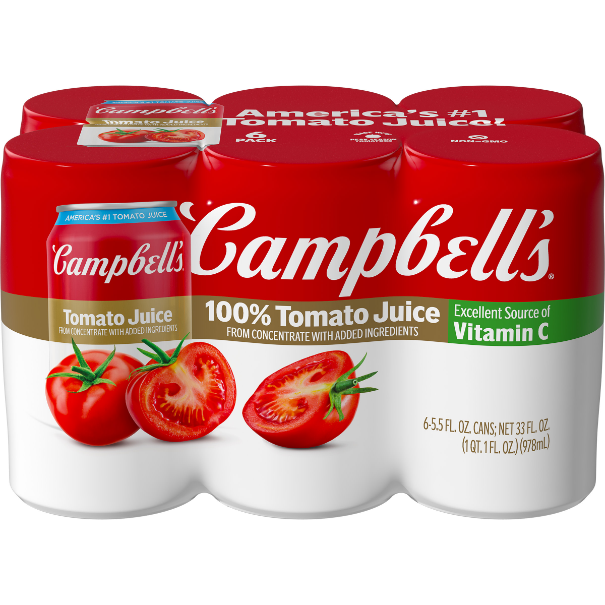 slide 1 of 4, Campbell's 100% Tomato Juice, 5.5 fl oz Can (6 Pack), 33.000 fl oz