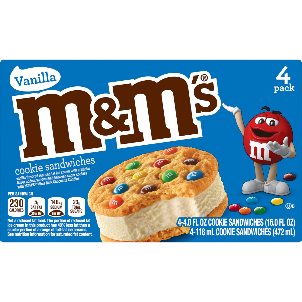 slide 1 of 1, M&M's Cookie Sandwiches With Vanilla Ice Cream, 0.33 ct