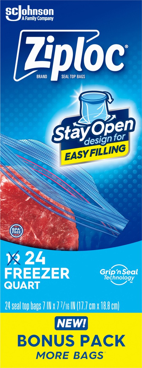slide 12 of 12, Ziploc Brand Freezer Bags with New Stay Open Design, Quart, 24, Patented Stand-up Bottom, Easy to Fill Freezer Bag, Unloc a Free Set of Hands in the Kitchen, Microwave Safe, BPA Free, 24 ct
