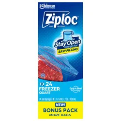 Ziploc Brand Quart Freezer Storage Bags, Stay Open Design, Easy to Fill, 24 count