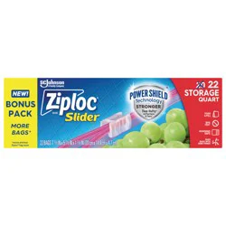 Ziploc Brand Storage Slider Quart Bags, Power Shield™ Technology, Expandable Bottom, 22