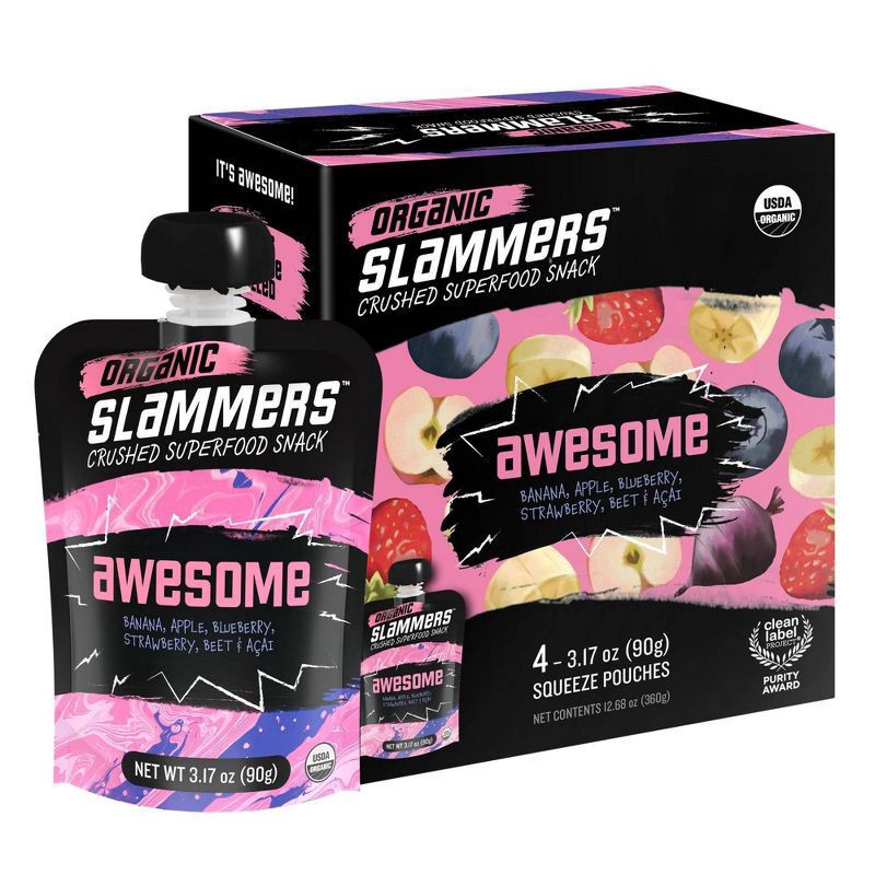 slide 1 of 9, Slammers Organic Slammers Superfood Snack Awesome Fruit & Veggie Pouches - 3.17oz 4pk, 4 ct; 3.17 oz