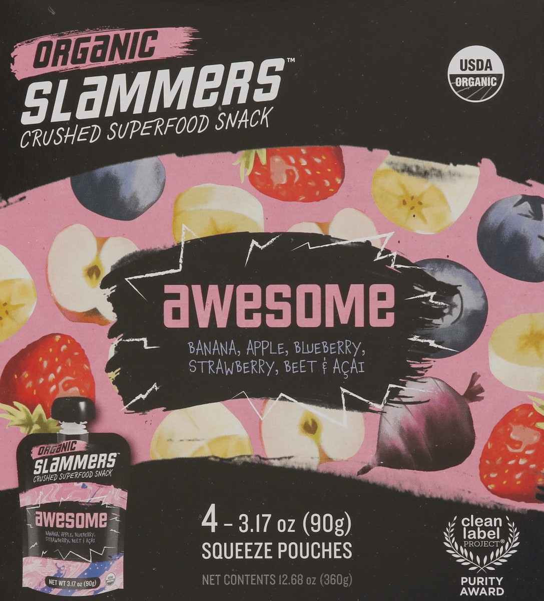 slide 3 of 9, Slammers Organic Slammers Superfood Snack Awesome Fruit & Veggie Pouches - 3.17oz 4pk, 4 ct; 3.17 oz