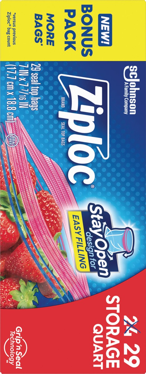 slide 4 of 10, Ziploc Brand Storage Bags with New Stay Open Design, Quart, 29 Count, Patented Stand-up Bottom, Easy to Fill Food Storage Bags, Unloc a Free Set of Hands in the Kitchen, Microwave Safe, BPA Free, 29 ct