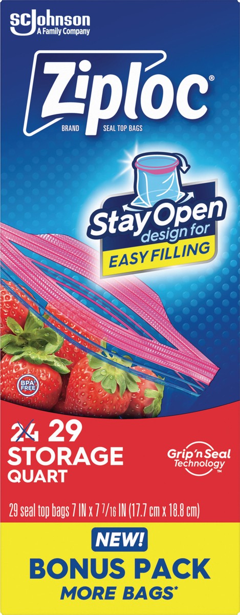 slide 10 of 10, Ziploc Brand Storage Bags with New Stay Open Design, Quart, 29 Count, Patented Stand-up Bottom, Easy to Fill Food Storage Bags, Unloc a Free Set of Hands in the Kitchen, Microwave Safe, BPA Free, 29 ct