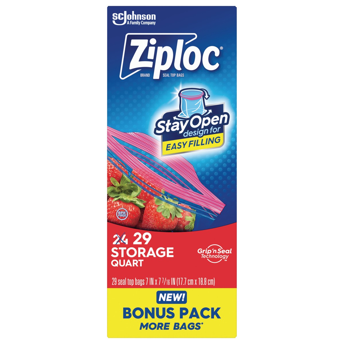 slide 5 of 10, Ziploc Brand Storage Bags with New Stay Open Design, Quart, 29 Count, Patented Stand-up Bottom, Easy to Fill Food Storage Bags, Unloc a Free Set of Hands in the Kitchen, Microwave Safe, BPA Free, 29 ct