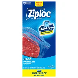 Ziploc Brand Freezer Bags with Stay Open Design, Gallon, 66, Patented Stand-up Bottom, Easy to Fill Freezer Bag, Unloc a Free Set of Hands in the Kitchen, Microwave Safe, BPA Free